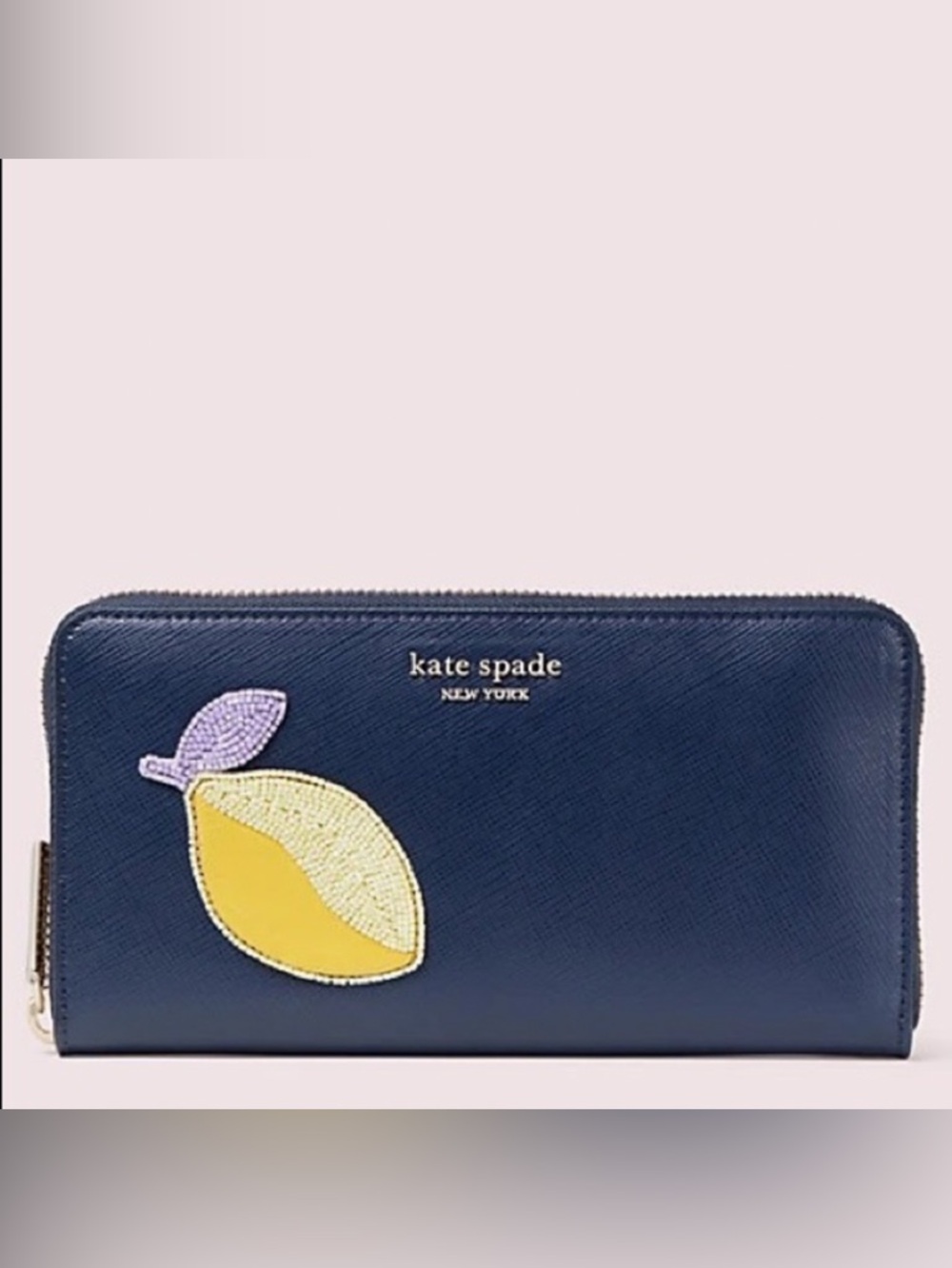 KATE SPADE Fruitful Lemon Zip Around Continental Wallet Navy Leather Like New